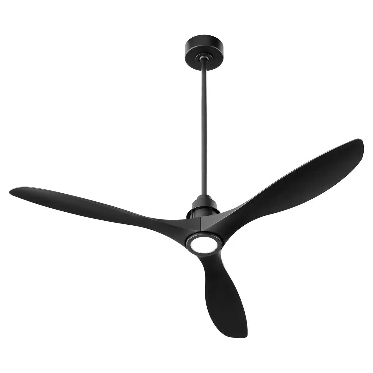A sleek, modern ceiling fan with a light, featuring a chrome stained housing and three monochromatic blades for powerful air circulation.