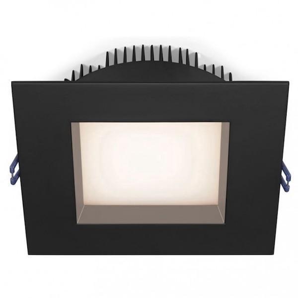 A black square light fixture with a white light, perfect for modern ceiling recessed lighting. Provides 950 lumens, air-tight, wet location approved. Brand: Lotus LED Lights. 18 Watts, 120V input voltage, 1250 lumens, LED lamp type. CRI: 90+, dimmable. Certifications: cULus Listed, Title 24 Compliant, IP54 Rated, Energy Star Rated. Materials: Metal, Acrylic Lens. Finish: Black, White. Dimensions: 7"L x 7"W x 2.5"H. Rated Hours: 50,000. Warranty: 5 Years.