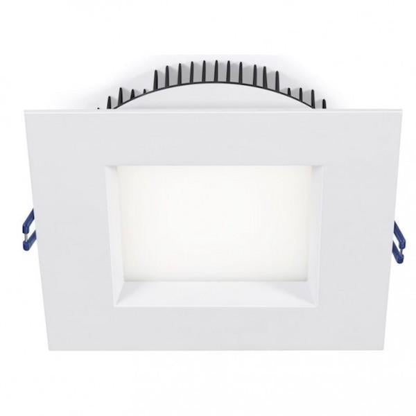 A white square ceiling recessed light fixture with a black wire and handle. Provides 950 lumens of light output. Air-tight and wet location approved. 7"L x 7"W x 2.5"H.