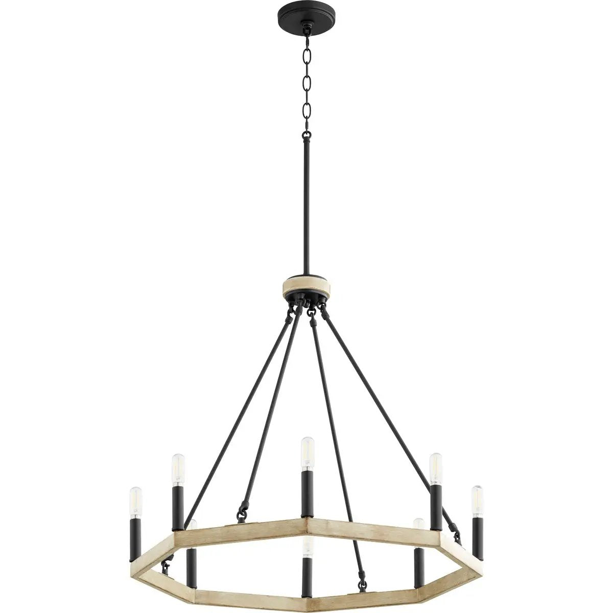 Modern Farmhouse Chandelier with wood frame, black and white shade, and close-up of light fixture. Perfect for rustic style applications.