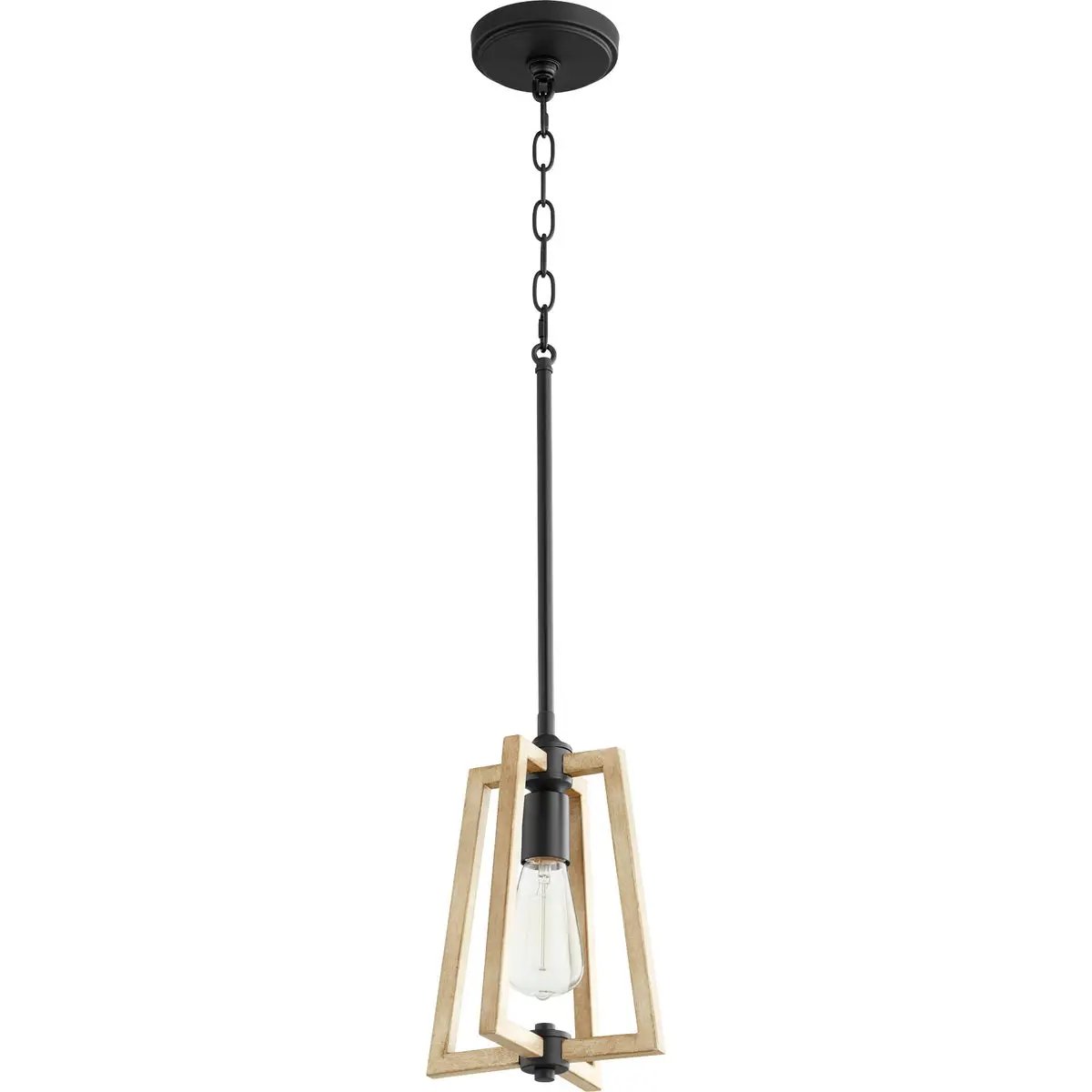 Modern Farmhouse Pendant Light with wood and metal frame, perfect for rustic style. Open-framed design, geometric shape. 100W, 1 bulb, dimmable. 8"W x 12"H. UL Listed, Dry Location. 2-year warranty.