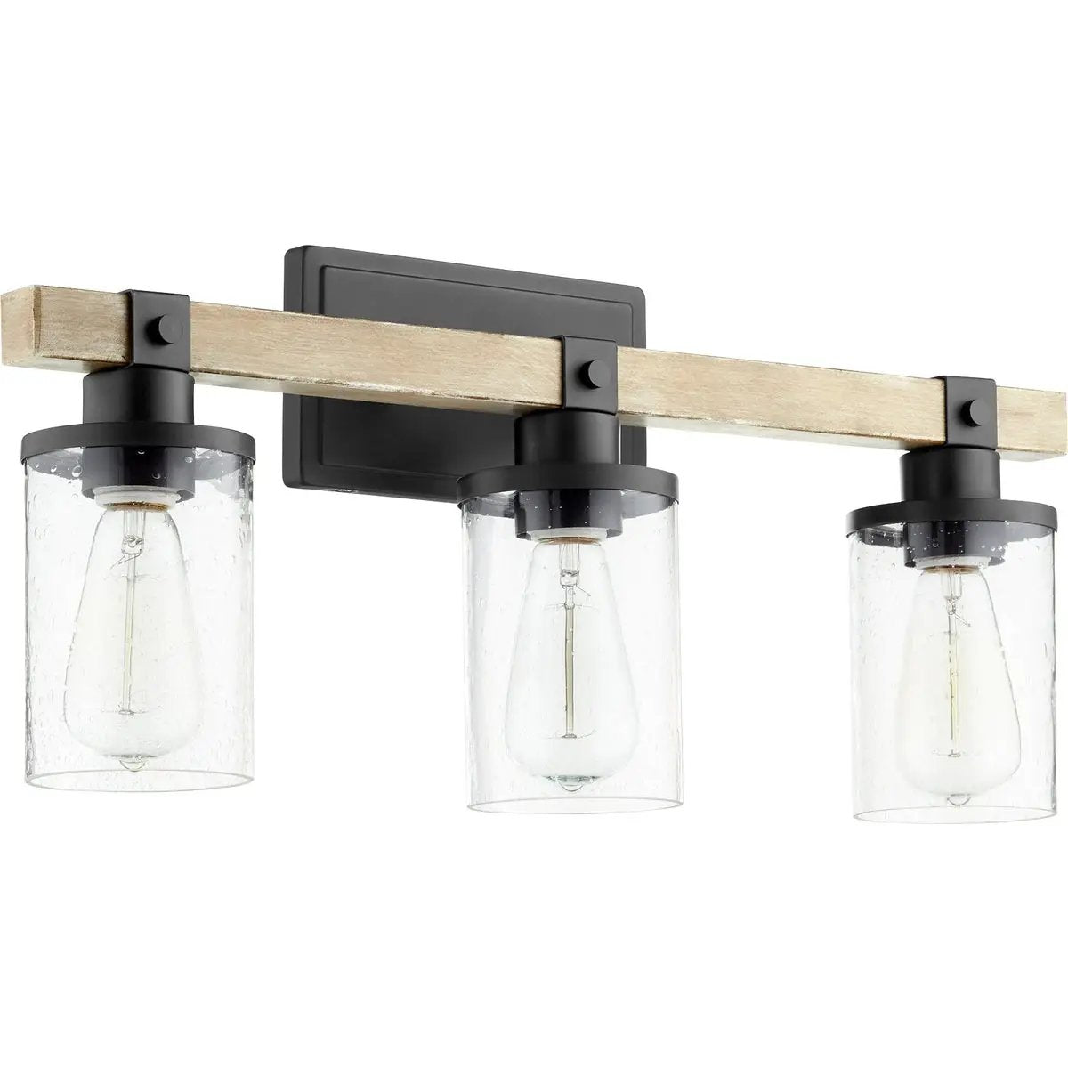 A modern farmhouse vanity light with three clear glass bulbs, perfect for rustic style applications.