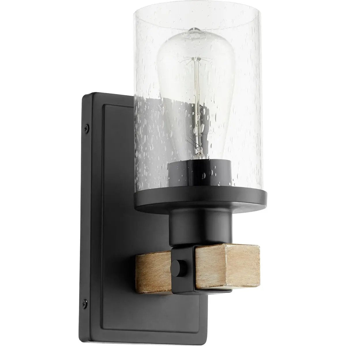 A modern farmhouse wall sconce with a clear glass diffuser, perfect for rustic style applications.