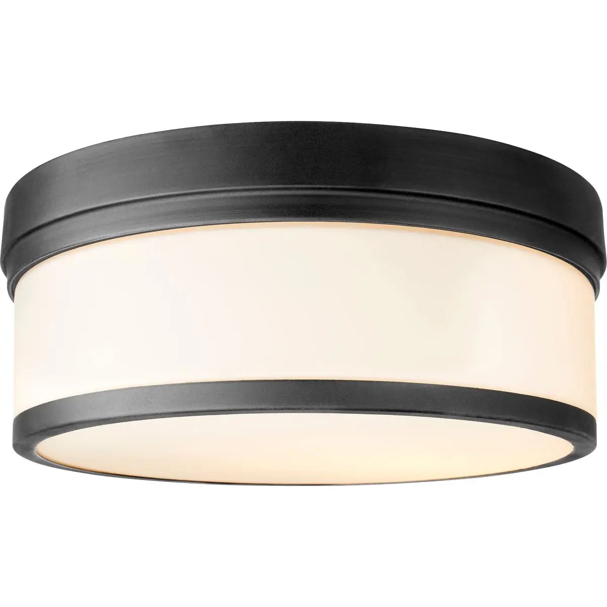 A modern flush mount light fixture with a white shade, adding futuristic luxury to any space. Brand: Quorum International. Wattage: 60W. Input Voltage: 120V. Bulbs: 3 (not included). Bulb Base Type: Medium E26. Dimmable: Yes. Certifications: UL Listed. Safety Rating: Damp Location. Finish options: Aged Brass, Aged Silver Leaf, Noir, Oiled Bronze, Polished Nickel, Satin Nickel, Zinc. Dimensions: 14"W x 5.5"H. Warranty: 2 Years.