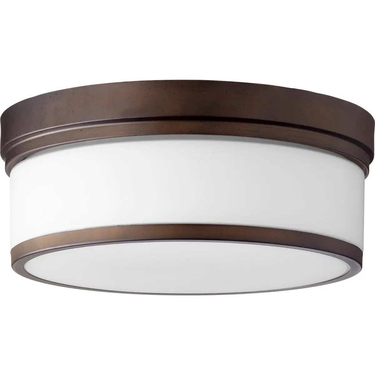Modern Flush Mount Light with white shade, sleek design, and versatile style. Enhance any space with this Quorum International fixture. 60W, 3 bulbs, dimmable, UL Listed, 14"W x 5.5"H.