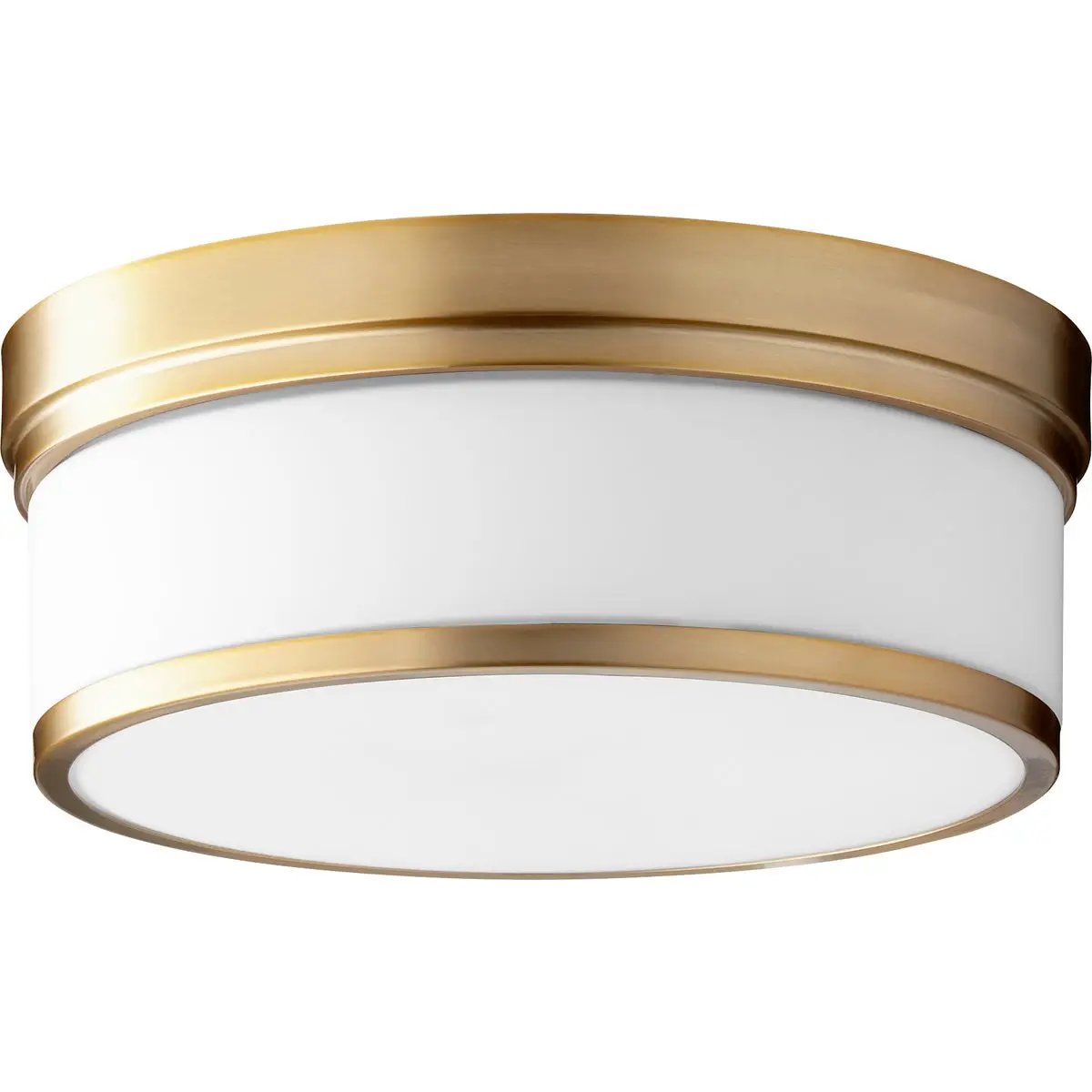 A modern flush mount light fixture with a gold rim and a white shade, adding futuristic luxury to any space. Brand: Quorum International. Wattage: 60W. Input Voltage: 120V. Number of Bulbs: 3. Bulbs Included: No. Bulb Base Type: Medium E26. Dimmable: Yes. Certifications: UL Listed. Safety Rating: Damp Location. Finish options: Aged Brass, Aged Silver Leaf, Noir, Oiled Bronze, Polished Nickel, Satin Nickel, Zinc. Dimensions: 14"W x 5.5"H. Warranty: 2 Years.