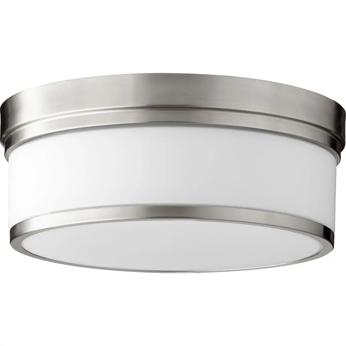 Modern Flush Mount Light with white shade, curved silver edge, and sleek design. Adds futuristic luxury to any space. 60W, 3 bulbs, dimmable. 14"W x 5.5"H. UL Listed, 2-year warranty.