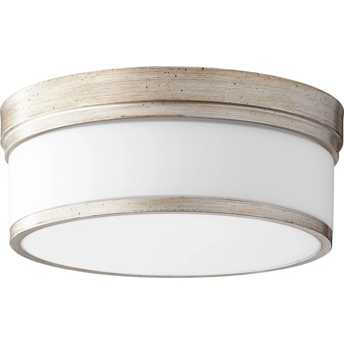 A modern flush mount light fixture with a white shade, adding futuristic luxury to any space. Brand: Quorum International. Wattage: 60W. Bulbs: 3 (not included). Dimensions: 14"W x 5.5"H. Warranty: 2 Years.