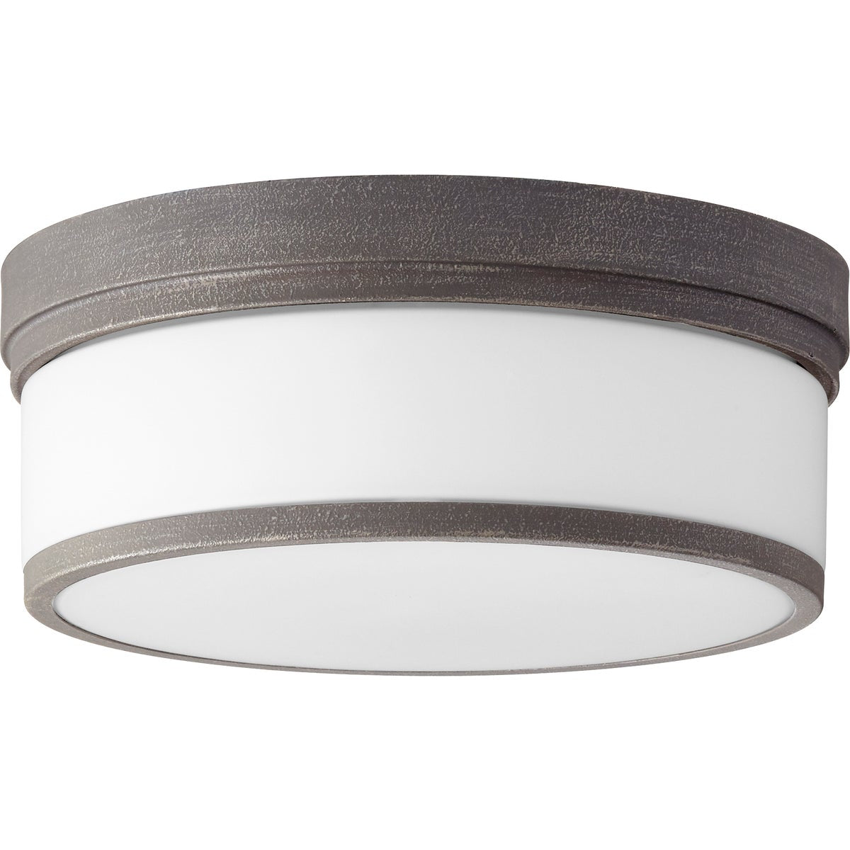 A modern flush mount light fixture with a white shade, adding futuristic luxury to any space. Brand: Quorum International. Wattage: 60W. Input Voltage: 120V. Number of Bulbs: 3. Bulbs Included: No. Bulb Base Type: Medium E26. Dimmable: Yes. Certifications: UL Listed. Safety Rating: Damp Location. Finish options: Aged Brass, Aged Silver Leaf, Noir, Oiled Bronze, Polished Nickel, Satin Nickel, Zinc. Dimensions: 14"W x 5.5"H. Warranty: 2 Years.
