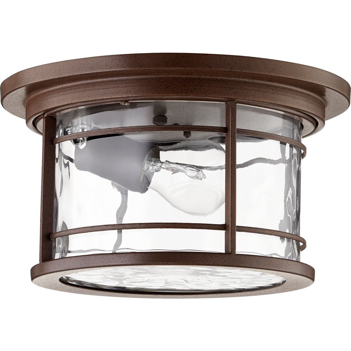 Modern Outdoor Ceiling Light with clear glass shade and oiled bronze finish. Clean-lined elongated drum silhouette. Casts a beautiful glow.