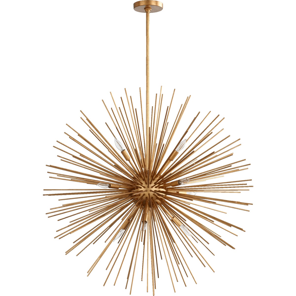Modern Pendant Light: A gold chandelier with many lights, resembling an electrified dandelion. Creates a stunning focal point with burst of gold leaf spires and candelabra lighting.