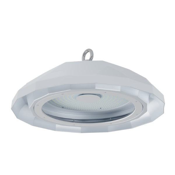 NSF Rated LED High Bay: A close-up of a white light fixture with a ring, providing 14000 lumens of light output for energy-efficient illumination in demanding environments.