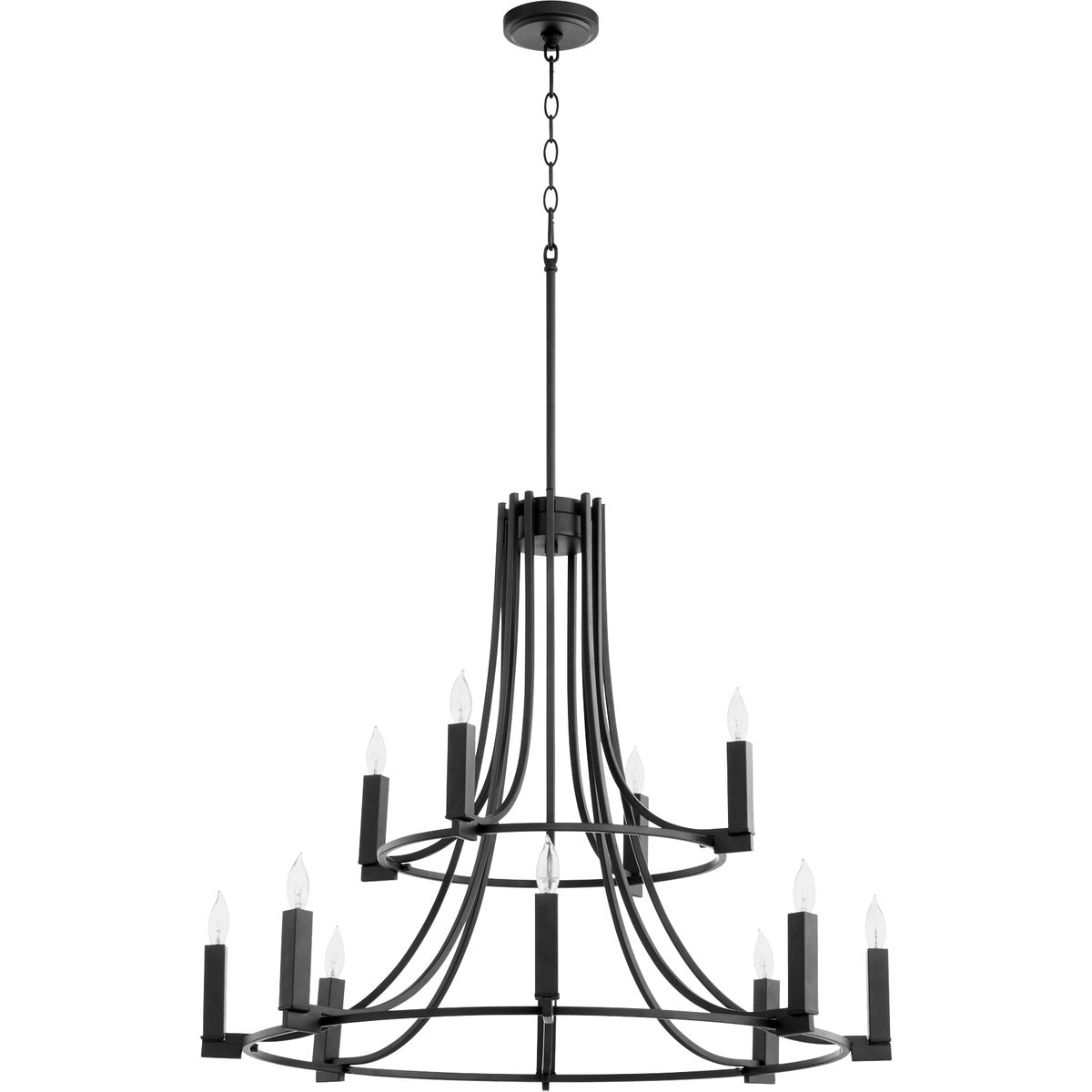 Black Chandelier with geometric design and interchangeable candle sleeves. Suspended from adjustable chain and stem mounting system. Perfect for any interior space.