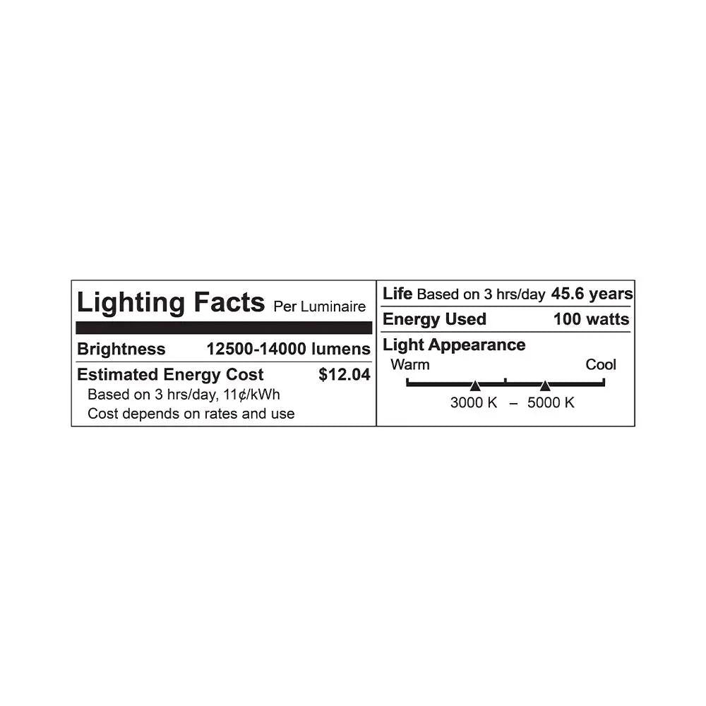 Outdoor Canopy Light with label showing text and numbers, providing 12500-14000 lumens of CCT tunable white light. UL safety certified, weatherproof (IP65), and energy-efficient LED technology. Ideal replacement for metal halide or fluorescent fixtures.