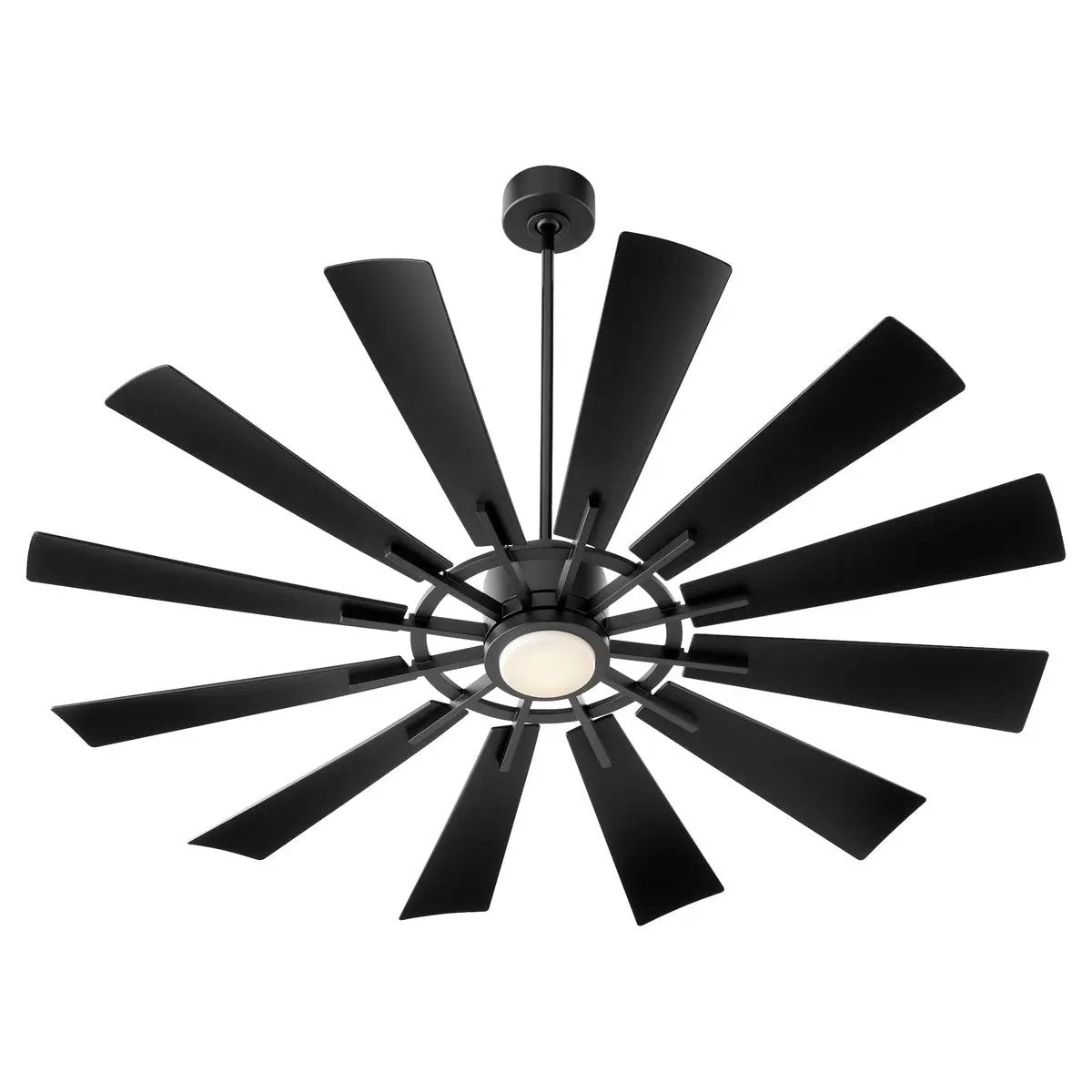 Outdoor Ceiling Fan with Light, featuring a multi-blade system attached to a dark chromatic housing motor and iron elements. Designed for high-performance outdoor air circulation. Perfect for any indoor or outdoor application. 60" blade span, 6-speed options.