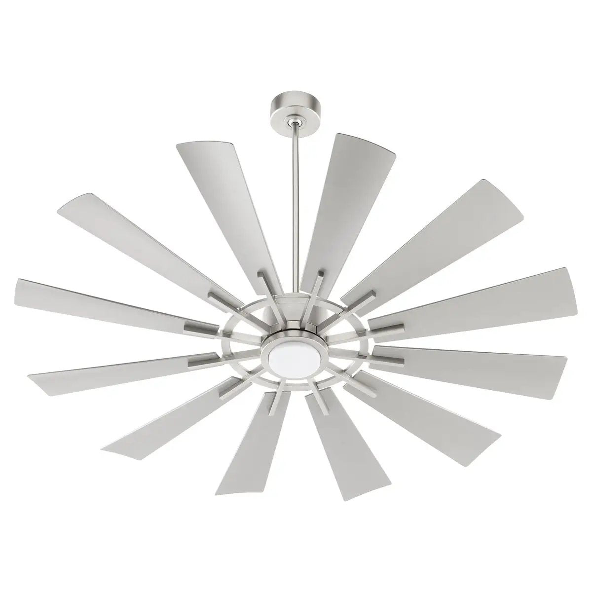 Outdoor Ceiling Fan with Light, a high-performance fan with wood stained blades, dark chromatic housing motor, and iron elements. 6-speed options for indoor or outdoor use. 12 blades, 60" span, 14-degree pitch. LED light kit included. UL Listed, Damp Location safety rating. Limited Lifetime warranty.