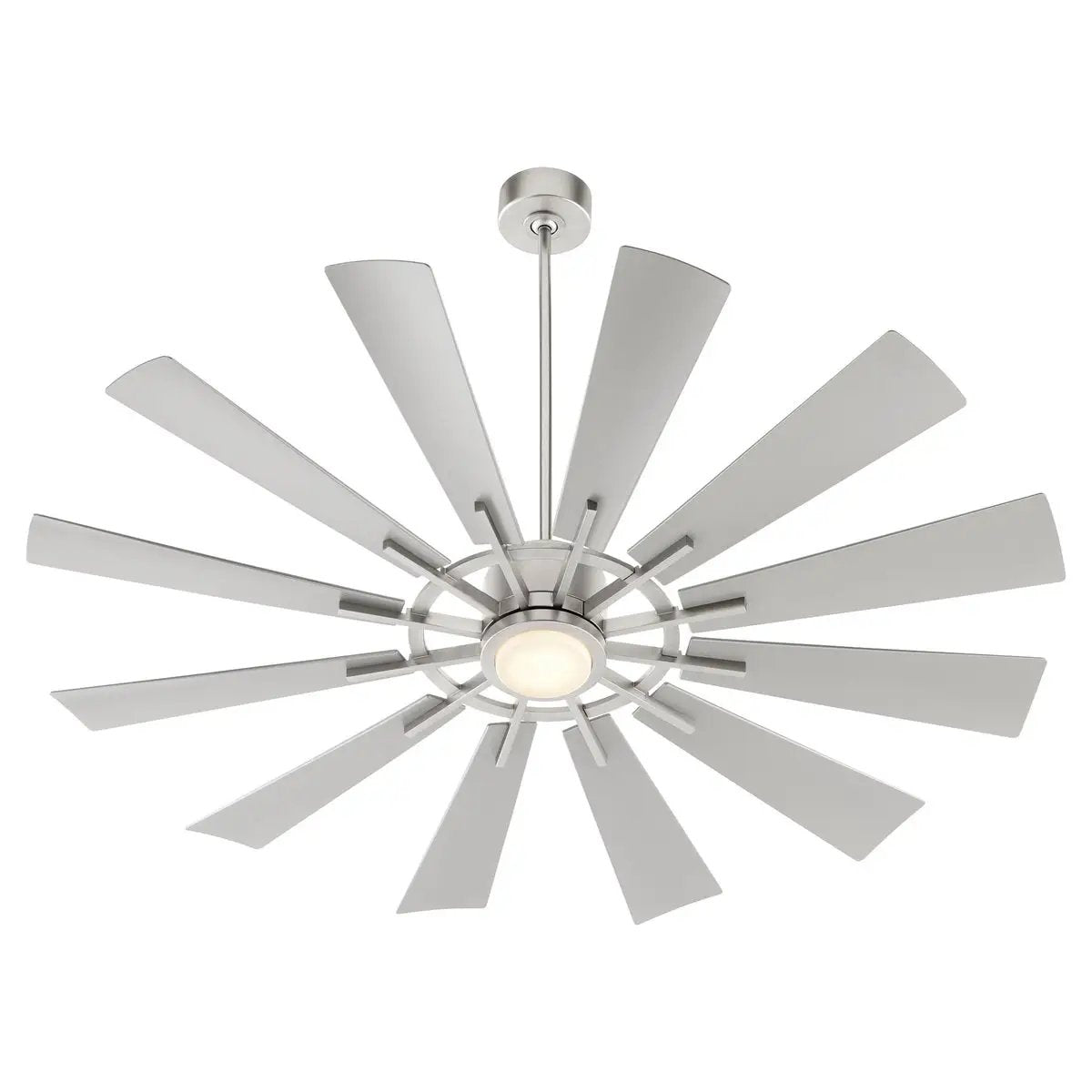 Outdoor Ceiling Fan with Light, a high-performance fan with wood stained blades, dark chromatic housing, and iron elements. 6-speed options. 12 blades, 60" span, 14-degree pitch. UL Listed for damp locations. LED lamp included. Dimensions: 15"H x 60"W. Limited Lifetime warranty.