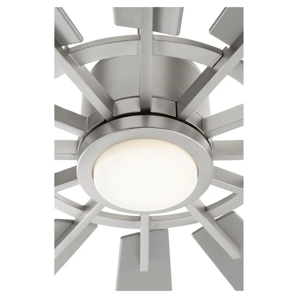 Outdoor Ceiling Fan with Light, a close-up of a multi-blade system attached to a dark chromatic housing motor and iron elements. Designed for high performance outdoor air circulation. 60" blade span, 12 blades, 6-speeds. UL Listed, Damp Location safety rating. LED light kit included.