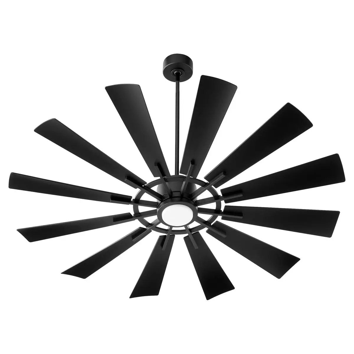 Outdoor Ceiling Fan with Light, featuring a multi-blade system attached to a dark chromatic housing motor and iron elements. Designed for high-performance outdoor air circulation. 6-speed options. UL Listed for damp locations. 12 blades, 60&quot; span, 14-degree pitch. LED lamp included.
