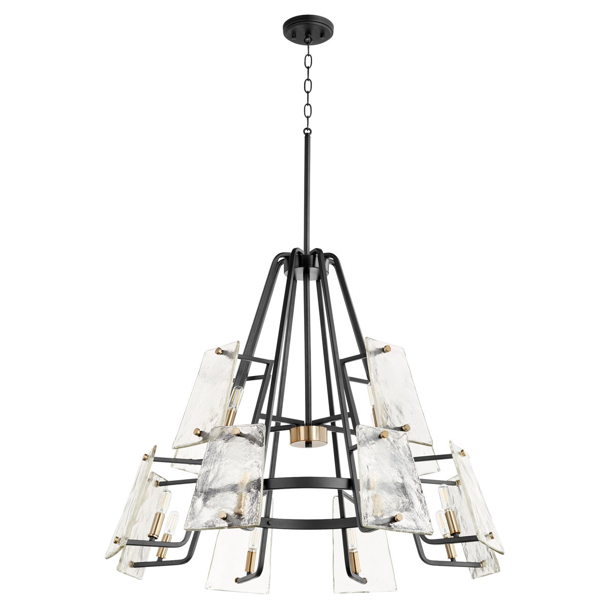 Outdoor chandelier with conical shape, linear framing, and frosted glass trapezoid shades. Mid-century modern design with aged brass-noir finish. Suspended from chain and stem mounting system. Suitable for covered outdoor spaces. 36"W x 30"H.