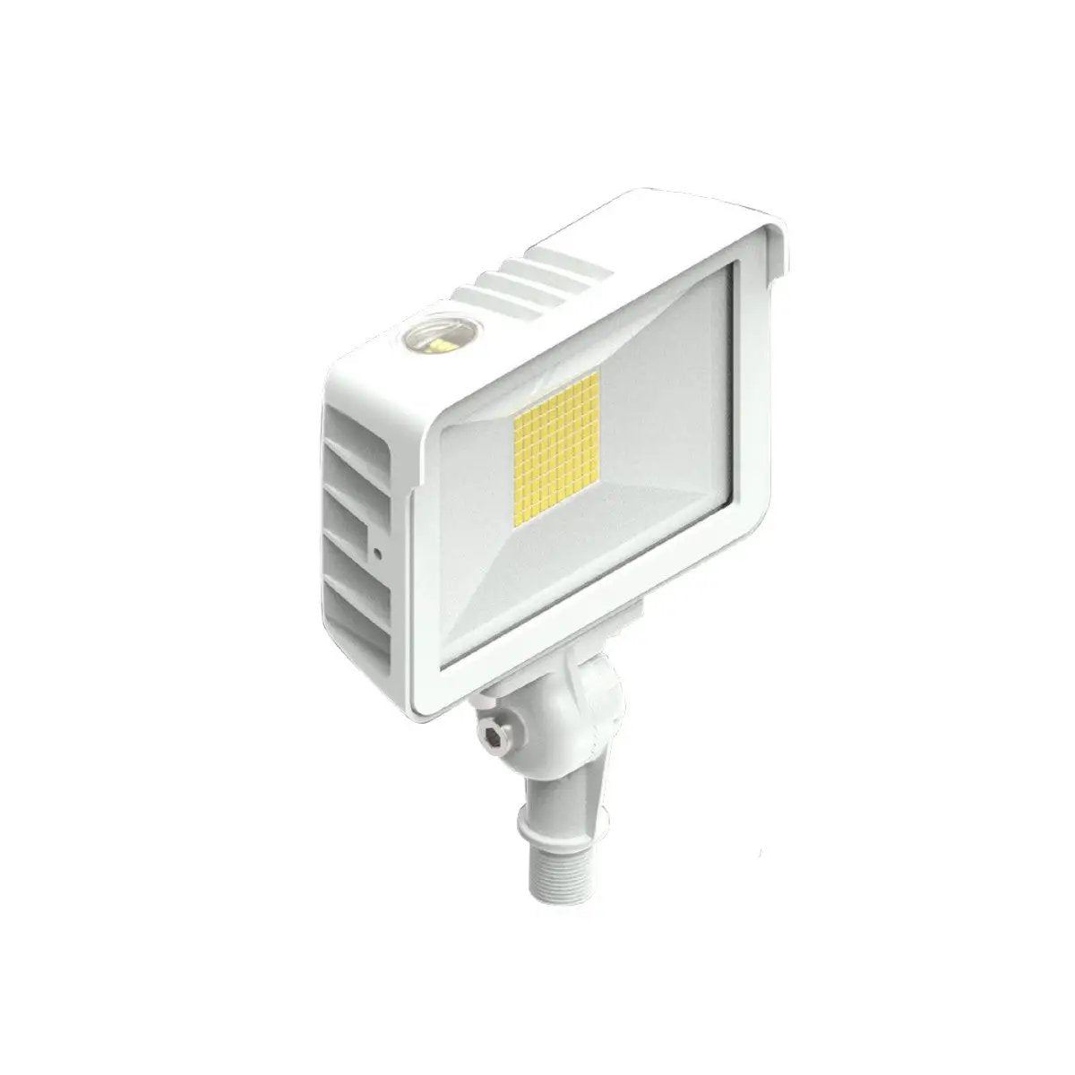 Main product shot in white finish of an outdoor LED flood lighting fixture showing the tempered-glass lens and knuckle/yoke mounting hardware; built-in photocell for automatic dusk-to-dawn control, IP65-rated housing, 120–277V input with 0–10V dimming, selectable 3000K/4000K/5000K (3K/4K/5K) at 80+ CRI, 15W output delivering 2,175 lumens.