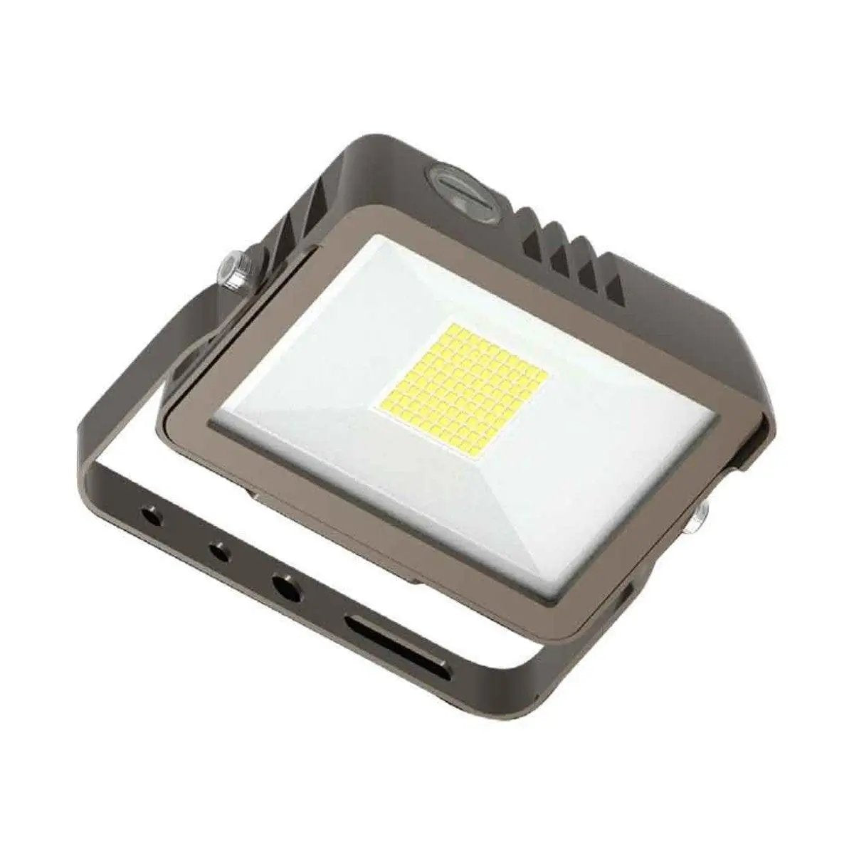 Tight bottom-angled close-up of the bronze outdoor LED flood lighting fixture highlighting the tempered glass lens and knuckle/yoke mounting bracket, with the built-in photocell visible on the housing; 15W, 2,175 lm, 3000K/4000K/5000K, 80+ CRI, 0–10V dimming, IP65, 120–277V.