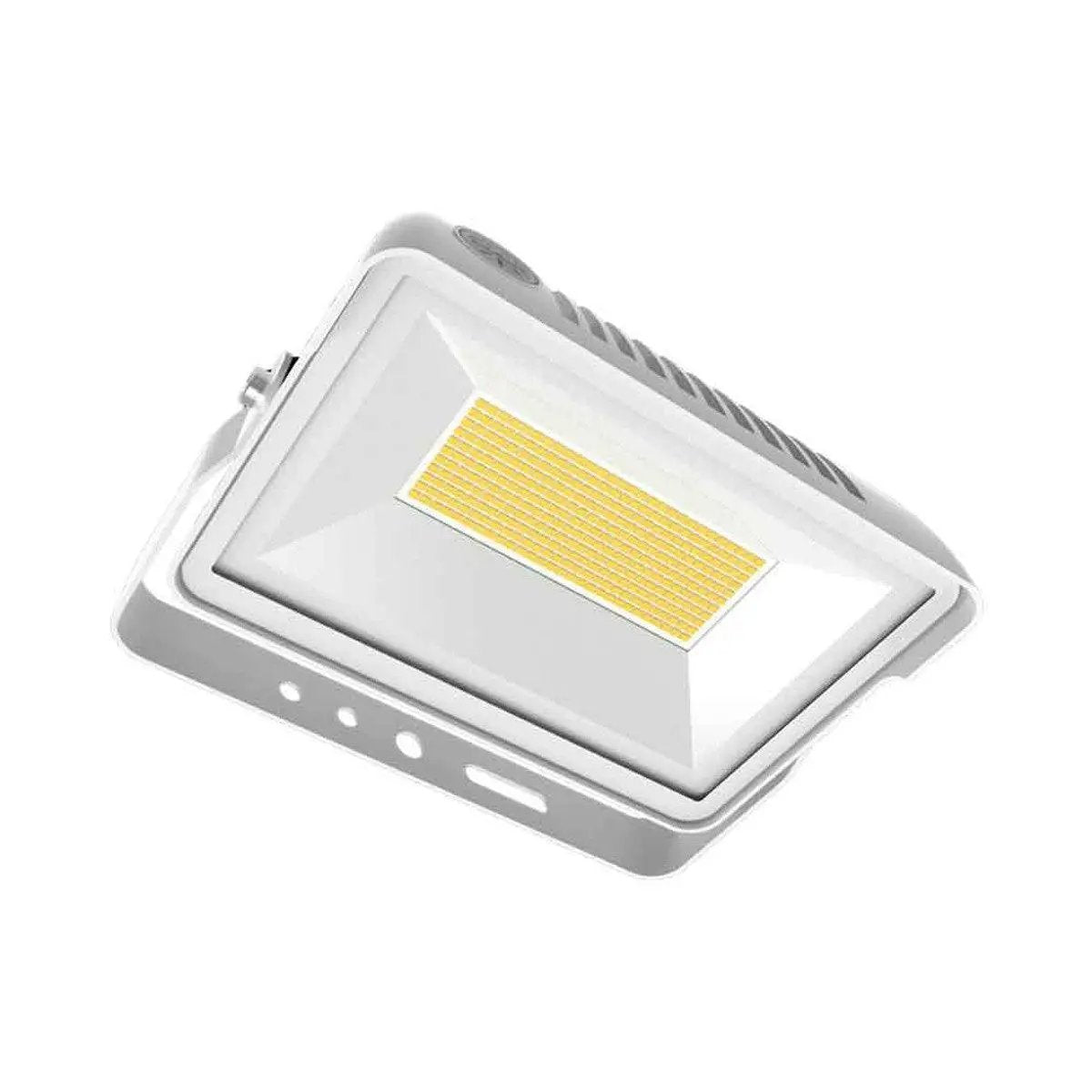 Low-angle bottom view of the white outdoor LED flood light showing the tempered glass lens and yoke mount, with the built-in photocell on the housing for dusk-to-dawn operation; 15W, 2,175 lm, 3000K/4000K/5000K, 80 CRI, 0–10V dimming, IP65, 120–277V.