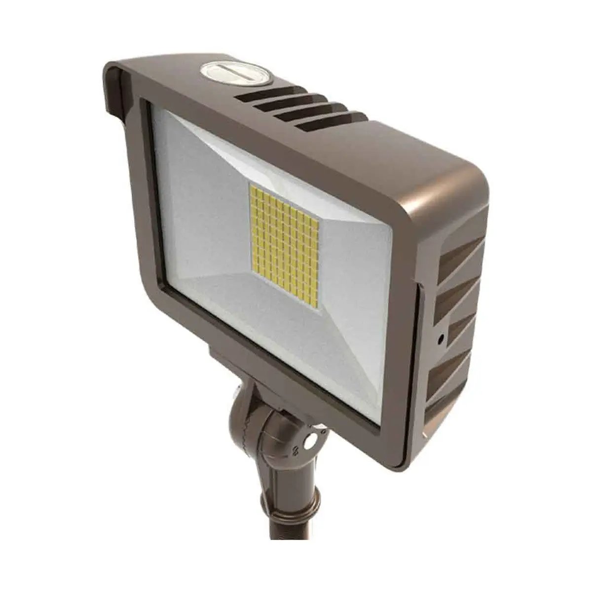 Outdoor LED flood light with knuckle or yoke mount and built-in photocell, sealed housing with tempered glass lens for directional lighting; 120–277V input, 0–10V dimming, IP65-rated, 15W output (2,175 lumens) with selectable 3000K/4000K/5000K and 80+ CRI.
