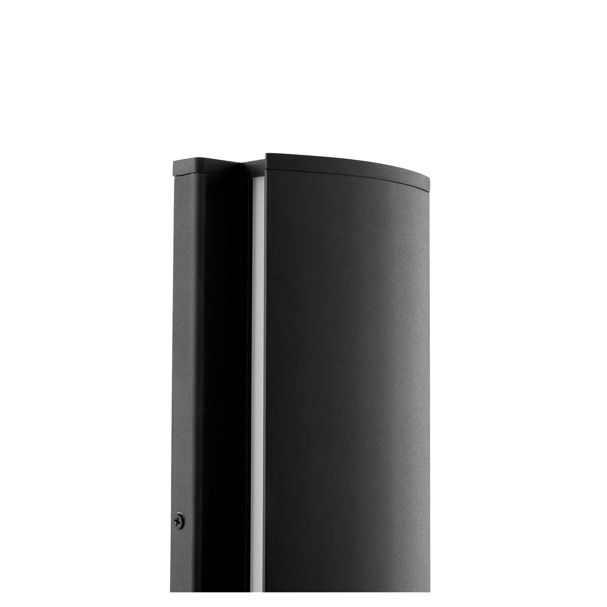 Outdoor LED Sconce, a black rectangular object with a white border. Produces bright, mellow radiance. Inconspicuous, dark monochrome exterior stain. 6"W x 20"H x 2.75"E.