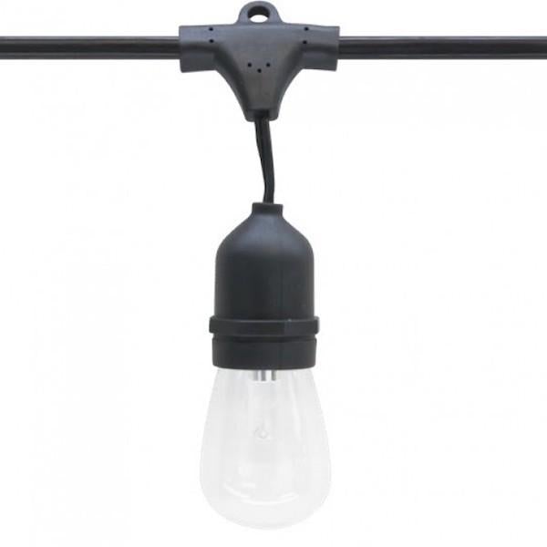 Outdoor LED string light with black cable and silver cap. Ideal for residential patios, outdoor events, and festivities. Durable and perfect for party rental companies. 25W LED bulbs not included. RoHS compliant and IP64 rated. Wet location safety rating. Dimensions: 1.3&quot;D x 5.25&quot;H x 330&#39;L. 1-year warranty. From Stars and Stripes Lighting.