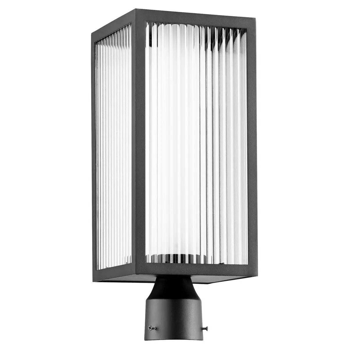 Outdoor Modern Post Light with sleek design, frosted shade inside clear fluted glass exterior. 3 dimmable LED light sources. Noir finish.