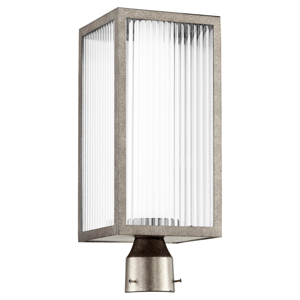 Outdoor Modern Post Light with sleek design, frosted shade inside clear fluted glass exterior. 3 dimmable LED light sources. Update your home&#39;s exterior with functional beauty.