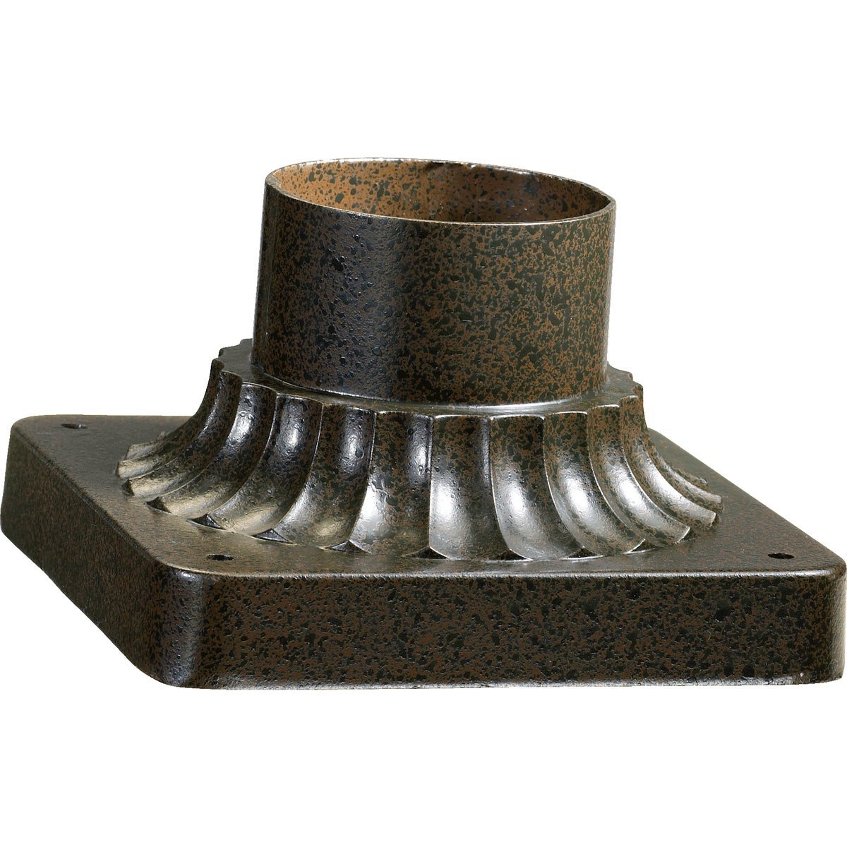 Outdoor Pier Mount with ornate metal work for outdoor post lighting fixtures. UL Listed for wet locations. Graphite, Noir, or Oiled Bronze finish. 5.75"W x 5.75"L x 3.25"H.