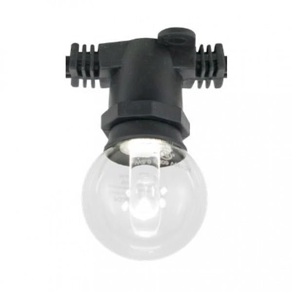 Outdoor String Light with LED Bulbs - A close-up of a light bulb with a black holder, perfect for adding life to any exterior application. Ideal for residential patios, venue/restaurant overhangs, and outdoor events. Durable and great for party rental companies. 10W, 120V, Candelabra E12 base. IP64 Rated, Wet Location. 1-year warranty. Dimensions: 0.83"D x 1.18"H x 330'L.