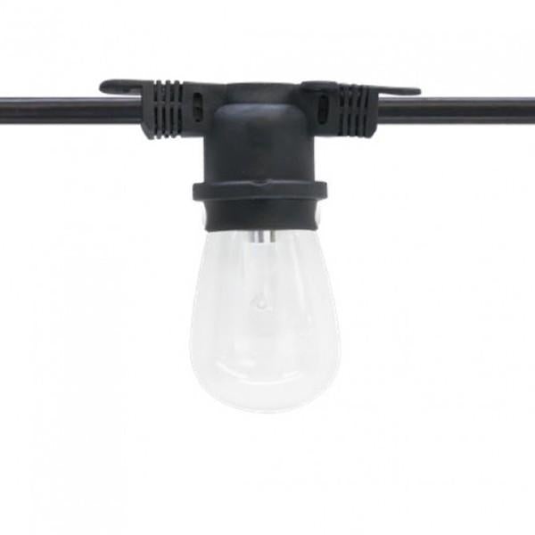 Outdoor string lighting with a light bulb on a black wire. Perfect for residential patios, outdoor events, and festivities. Durable and ideal for party rental companies. 25W LED bulb, RoHS compliant, IP64 rated, wet location safety. 1.6&quot;D x 1.8&quot;H x 330&#39;L. 1-year warranty.