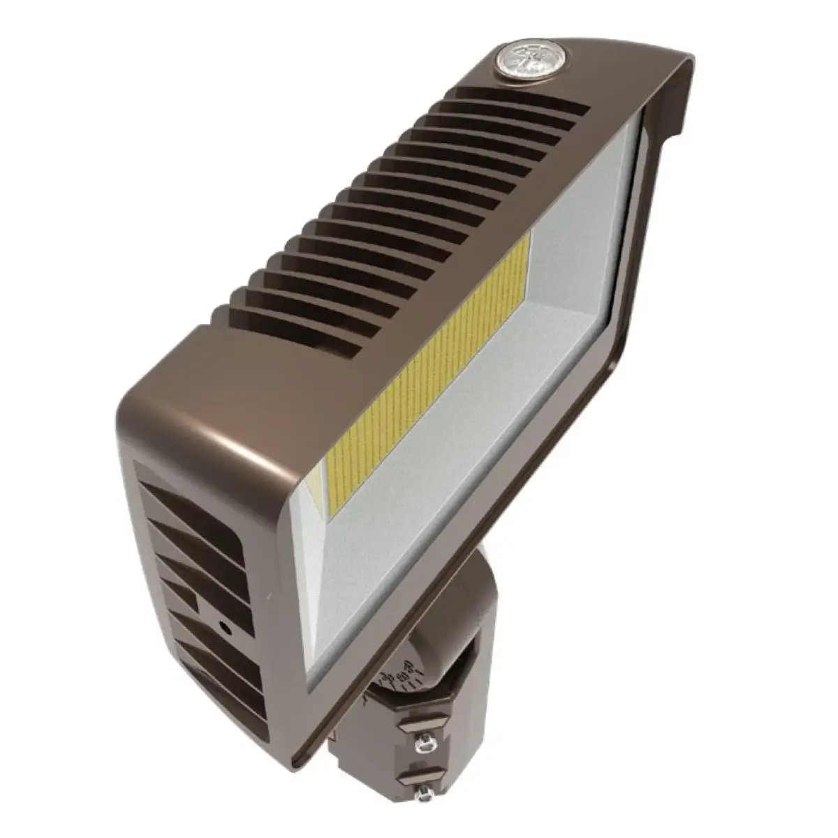 Outdoor LED flood light with slip-fitter or trunnion mount, built-in photocell, and tempered glass lens; 120–277V input, 0–10V dimming, IP65-rated, 100W output (14,300 lumens) with selectable 3000K/4000K/5000K and 80+ CRI.
