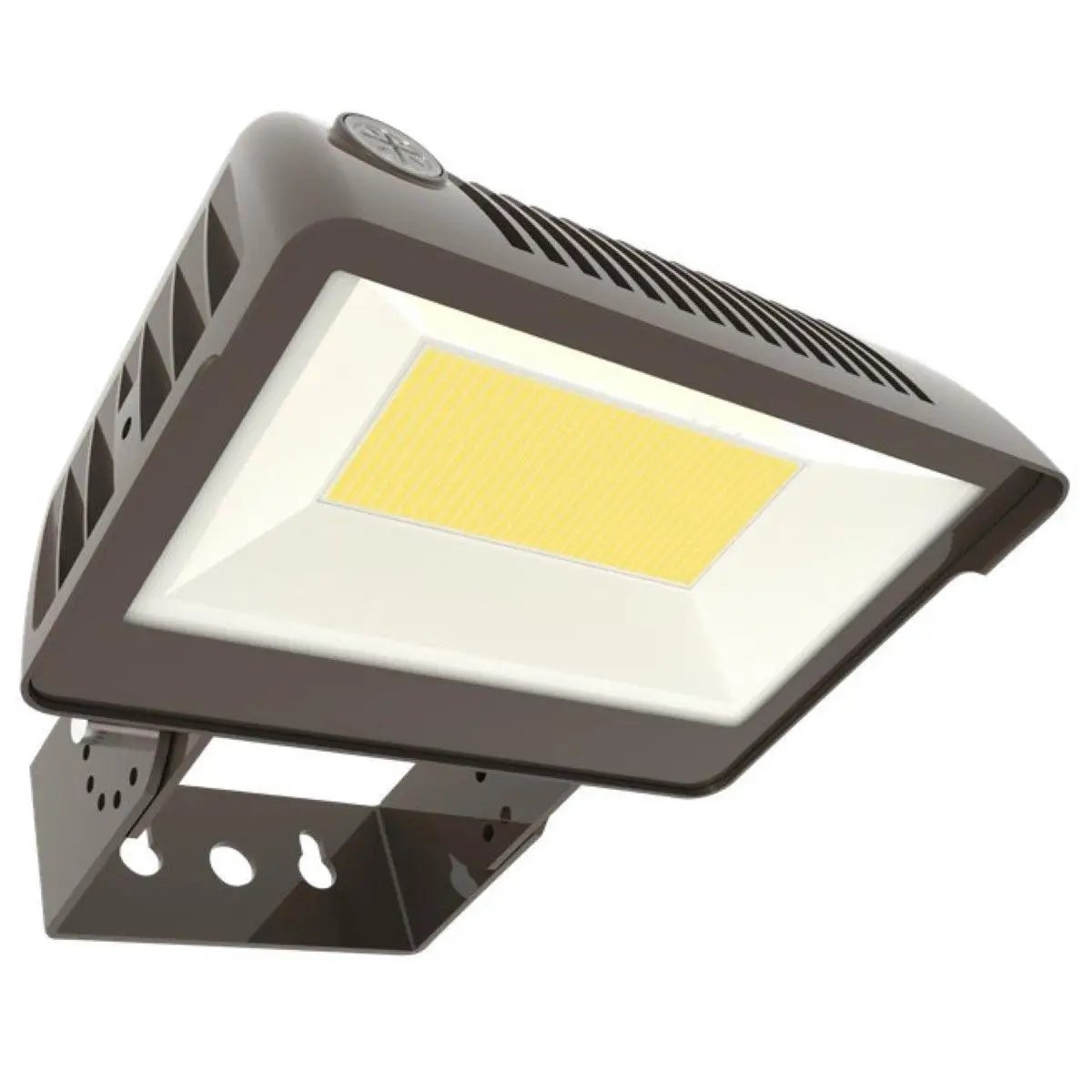 Outside Flood Light with color adjustable white light, universal mounting options, and built-in photocell for energy savings. 14300 lumens, 100W LED, 3000K-5000K color temperature. UL Listed, IP65 Rated, DLC Premium Listed. Slip Fitter and Trunnion mount. 10.55"W x 3.38"D x 7.05"H. 5-year warranty.