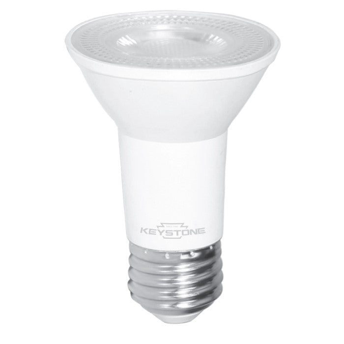 A Keystone Technologies PAR16 LED light bulb with a round base, providing 500 lumens of light output. Ideal for replacing small halogen bulbs and suitable for open and recessed fixtures. Dimmable and rated for 15,000 hours.