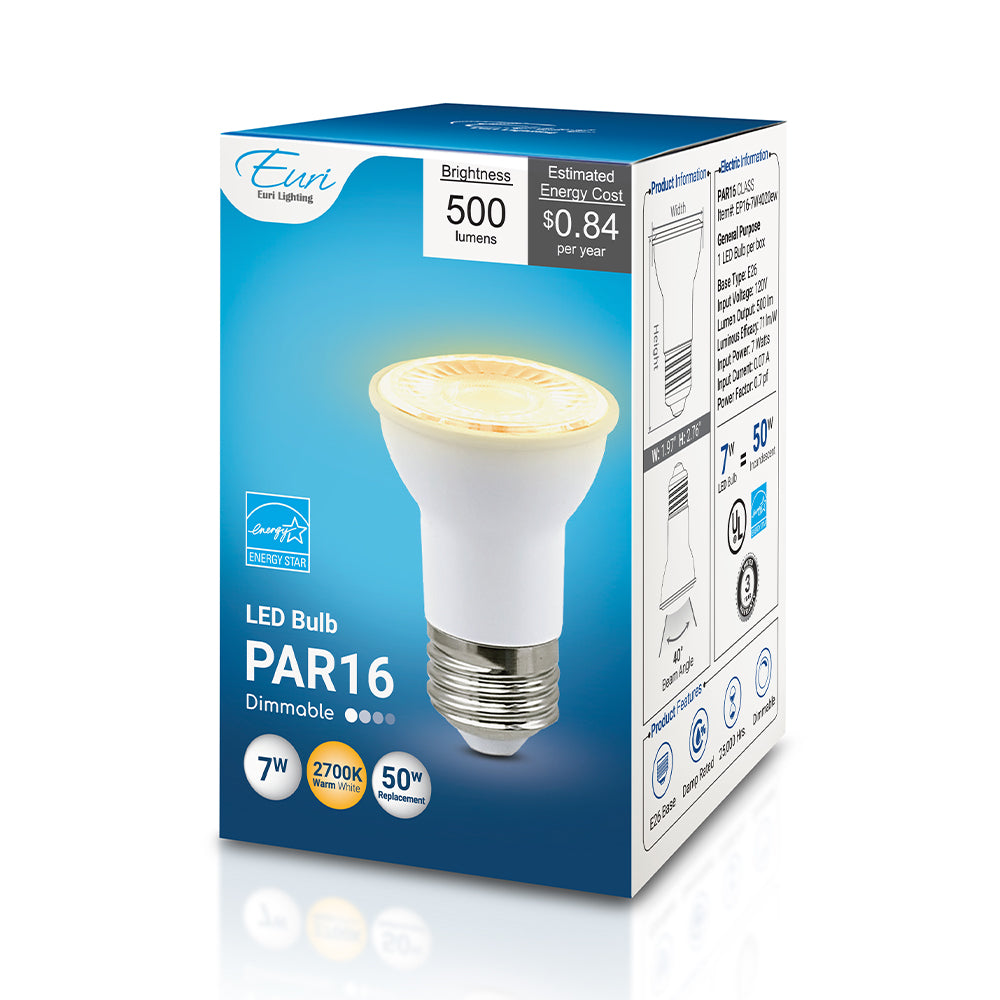 Retail packaging photo for a PAR16 LED bulb, showing the product box with listed specifications: 7W input, 500-lumen output, 80 CRI, dimmable operation, medium E26 base, ENERGY STAR rating, and 120V operation.
