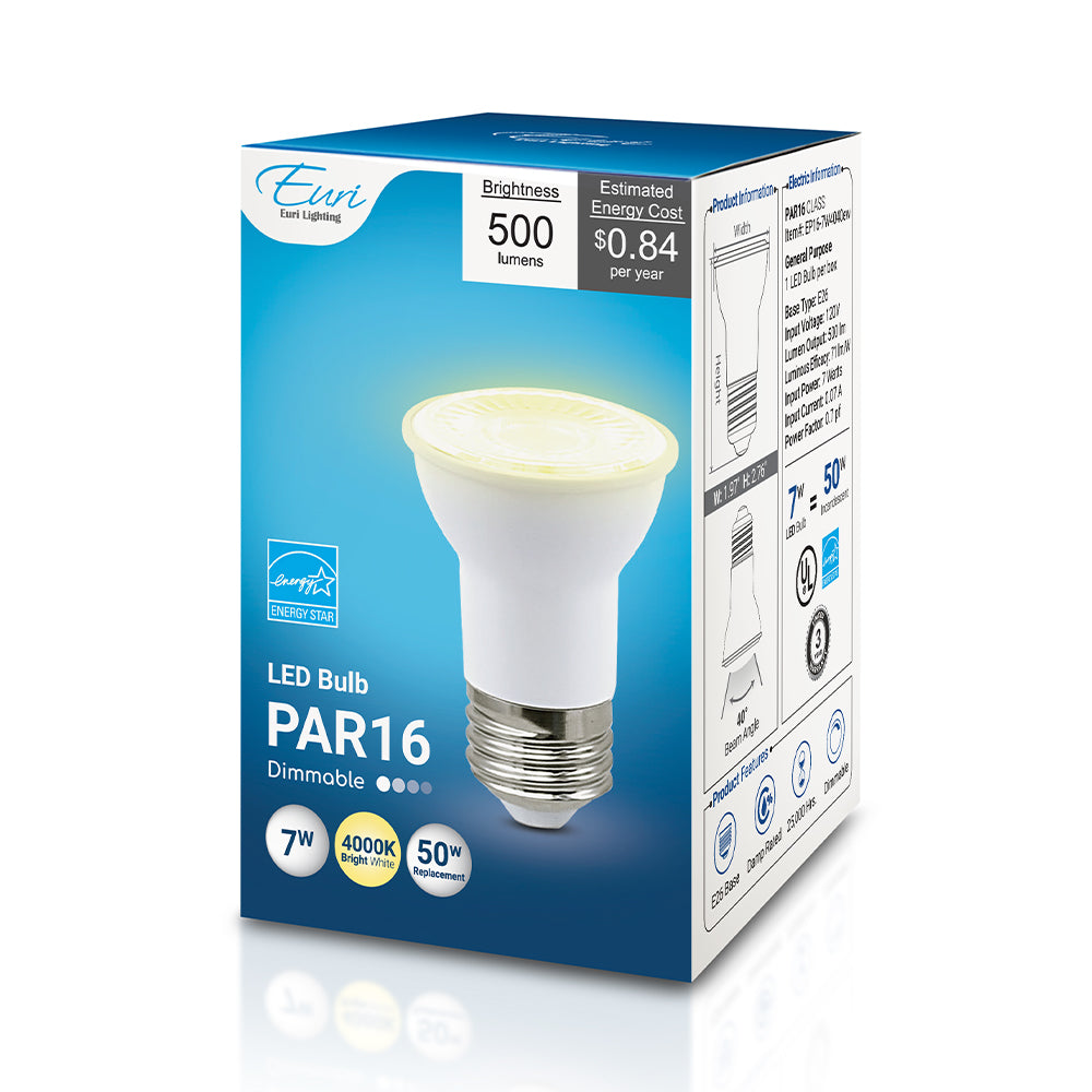 Retail packaging for the PAR16 LED bulb showing 4000K on the box; 7W, 500 lm, dimmable, 80 CRI, medium E26 base, Energy Star rated, 120V.
