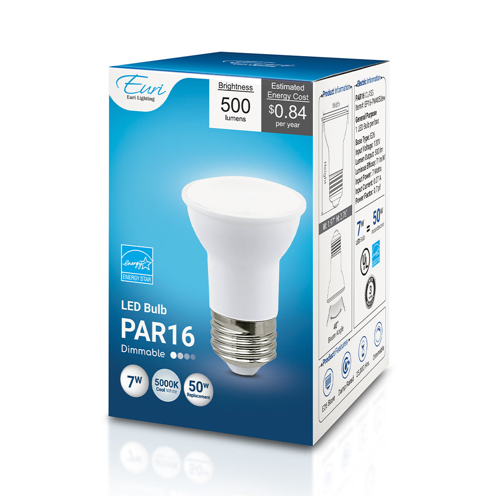 Retail packaging photo highlighting 5000K on the box for the PAR16 LED bulb; 7W, 500 lm, dimmable, 80+ CRI, medium E26 base, ENERGY STAR rated, 120V.