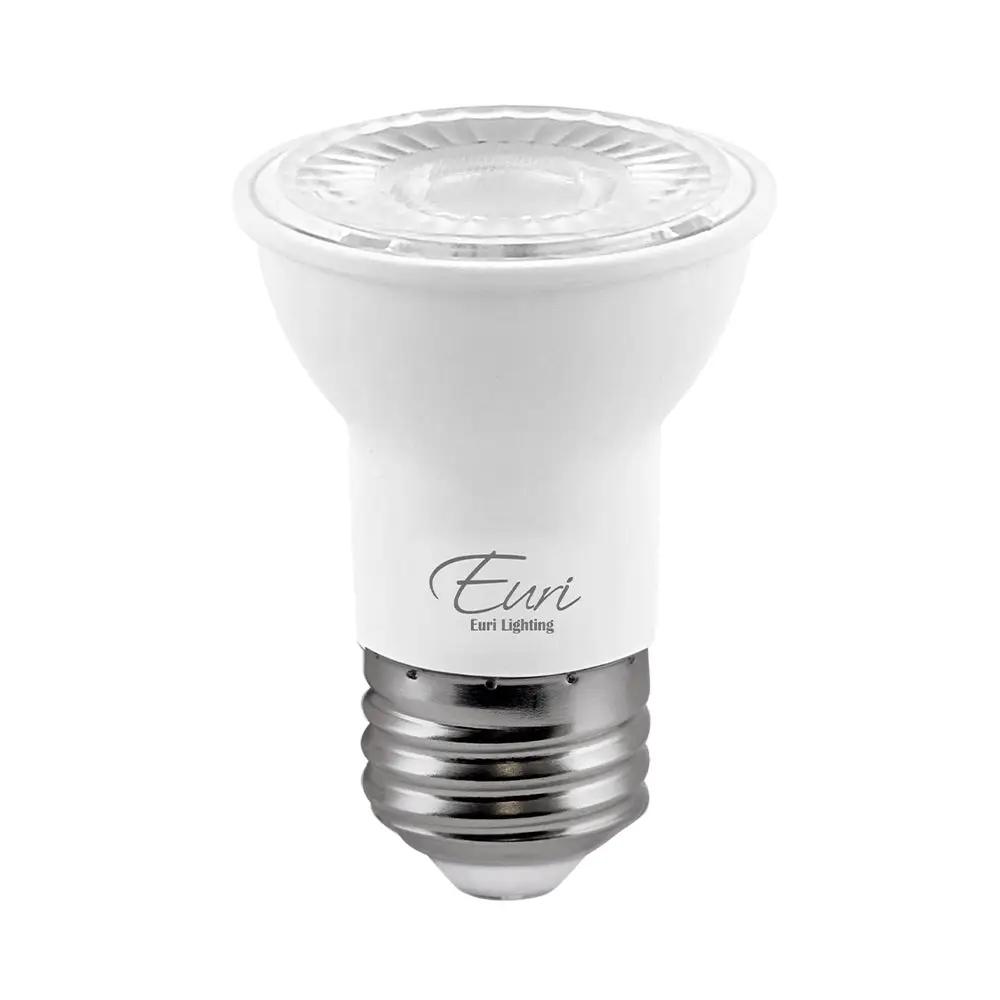 A close-up of a PAR16 LED bulb with a round base and lid, emitting 500 lumens of bright light. Ideal for ambient lighting or general-purpose applications, this 7W bulb replaces 50W incandescent bulbs. Energy-efficient and long-lasting, it comes in various color temperatures.