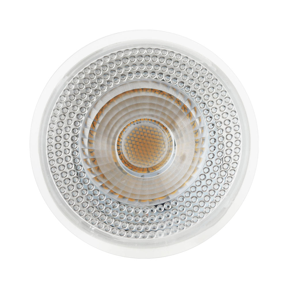 A close-up of a PAR20 LED bulb, emitting 500 lumens of bright light. Ideal for ambient or general-purpose lighting, this 7W bulb replaces 50W incandescent bulbs. Energy-efficient and long-lasting.