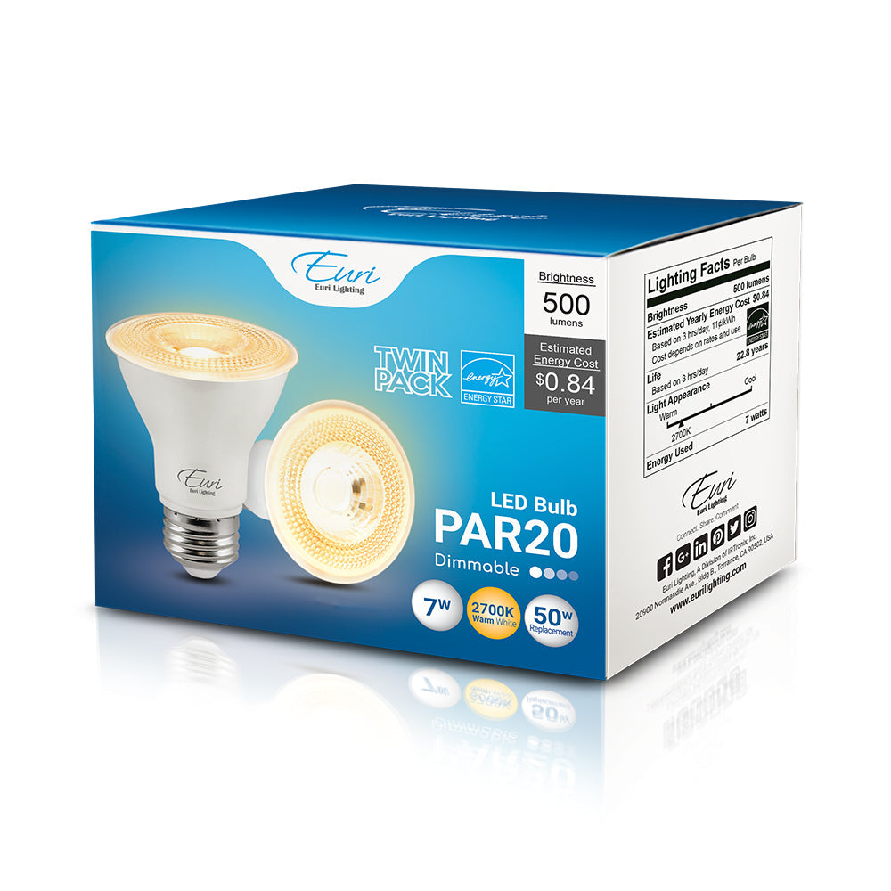 PAR20 LED Bulb on a box, emitting bright light. Ideal for ambient lighting or general-purpose applications. Replaces 50W incandescent bulbs. Brand: Euri Lighting. Wattage: 7W. Input Voltage: 120V. Lumens: 500. Lamp Type: LED. Color Temperature: 2700K, 3000K, 4000K, 5000K. CRI: 80. Dimmable: Yes. Base: Medium E26. Certifications: UL Listed, Energy Star Rated. Safety Rating: Damp Location. Dimensions: 2.48"D x 3.18"H. Rated Hours: 25,000. Warranty: 3 Years.