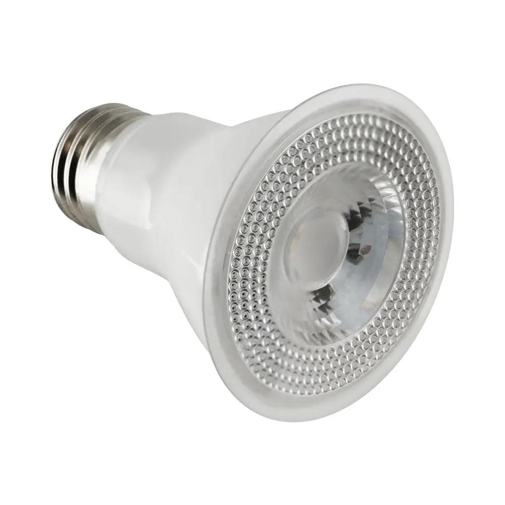 Angled top view of the PAR20 LED bulb showing the front lens and reflector face; 7W, 500 lumens, 80 CRI, dimmable, E26 medium base, Energy Star rated, 120V.