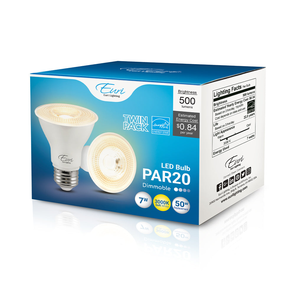 PAR20 LED Bulb on a box, emitting 500 lumens. Energy-efficient and long-lasting. Ideal for ambient lighting or general-purpose use.