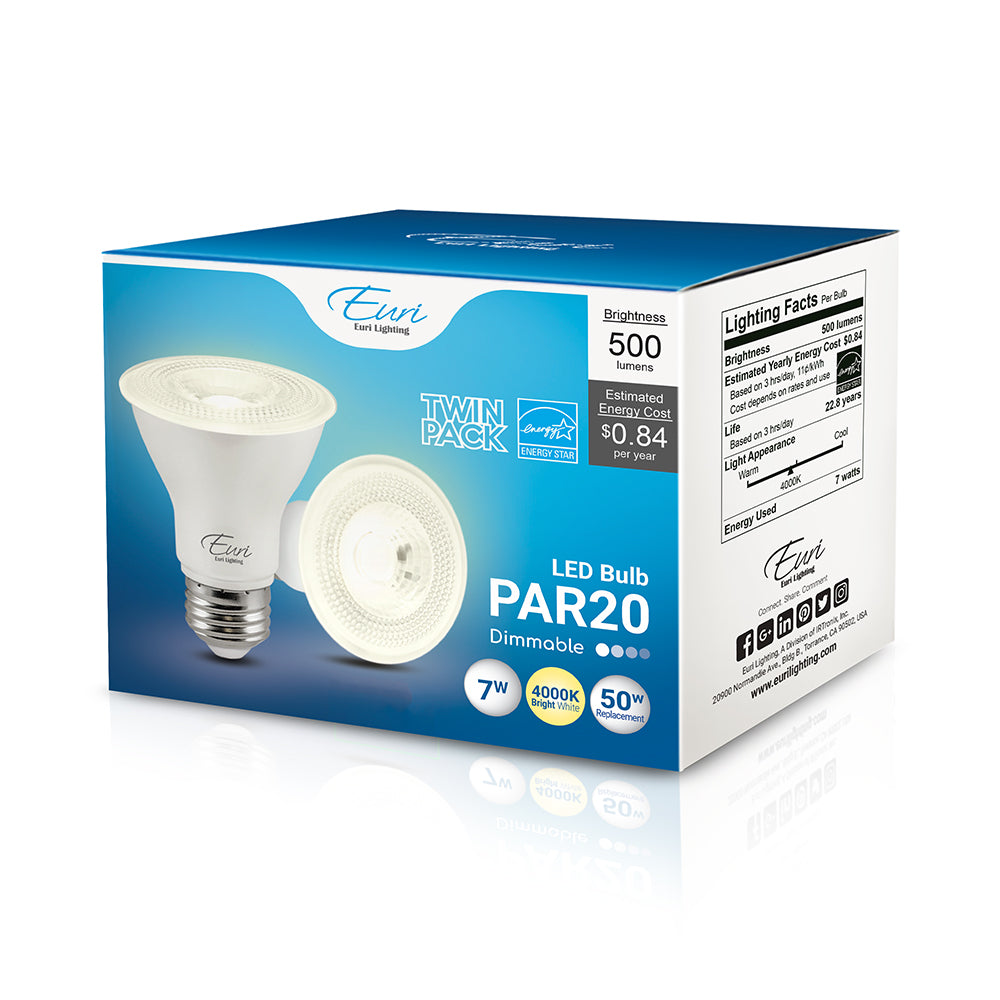 PAR20 LED Bulb on a box, emitting 500 lumens of brightness. Energy-efficient and long-lasting. Ideal for ambient lighting or general use.