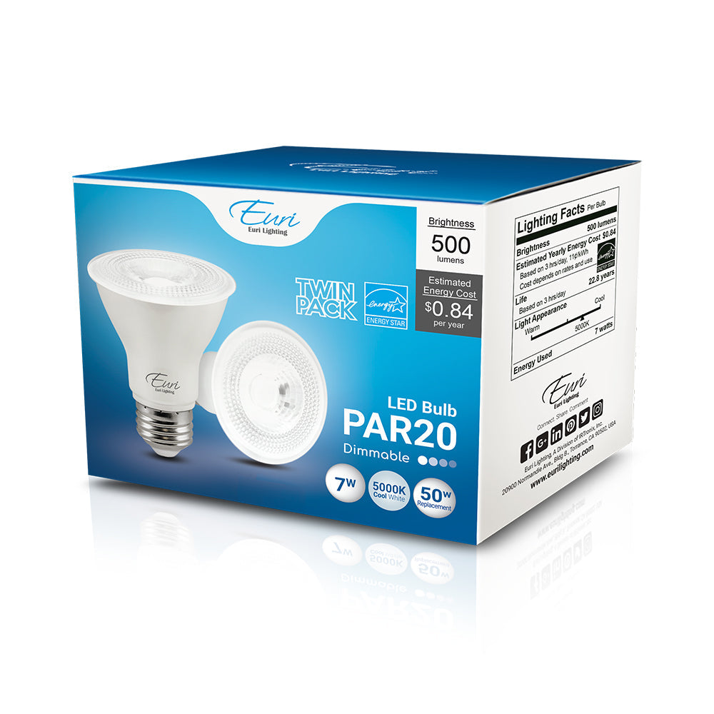 PAR20 LED Bulb on a box with a light bulb, delivering 500 lumens of brightness, energy savings, and long-lasting performance. Ideal for ambient lighting or general-purpose applications. Brand: Euri Lighting. Wattage: 7W. Input Voltage: 120V. Lumens: 500. Lamp Type: LED. Color Temperature: 2700K, 3000K, 4000K, 5000K. CRI: 80. Dimmable: Yes. Base: Medium E26. Certifications: UL Listed, Energy Star Rated. Safety Rating: Damp Location. Dimensions: 2.48"D x 3.18"H. Rated Hours: 25,000. Warranty: 3 Years.