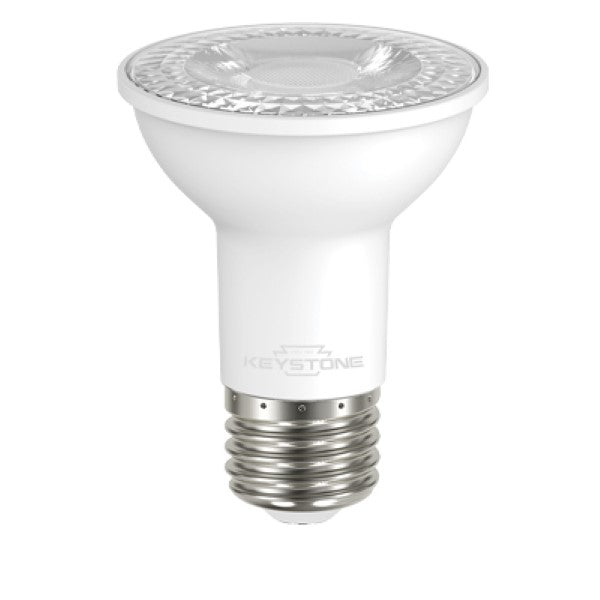 A Keystone Technologies PAR20 LED light bulb with a clear base, delivering 500 lumens of light output and up to 80% energy savings. Suitable for indoor or outdoor use, it has a 25,000 hour lifespan and is UL listed for damp and wet locations.