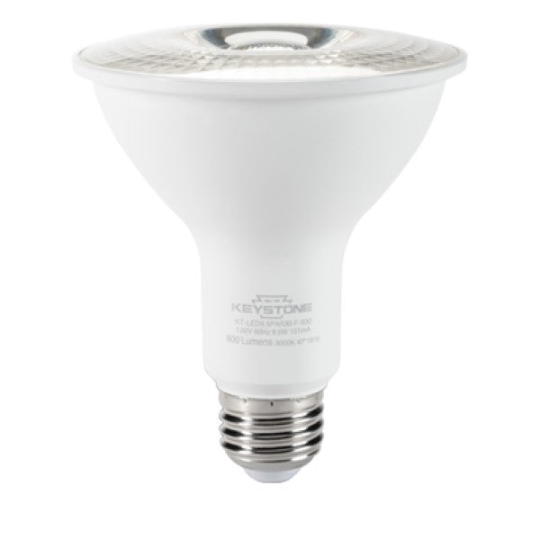 A Keystone Technologies PAR30 LED bulb with a silver base, providing 800 lumens of light output. Energy-efficient with a 25,000-hour lifespan and dimmable feature. Suitable for indoor or outdoor use in enclosed fixtures.